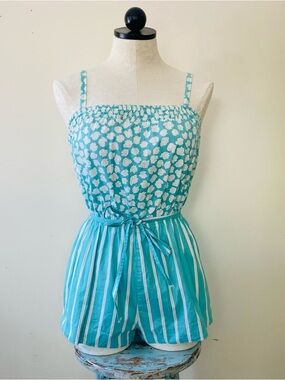 Vintage Roxanne Swimsuit Blue Floral Stripe Cotton Bathing Swim Suit 60s